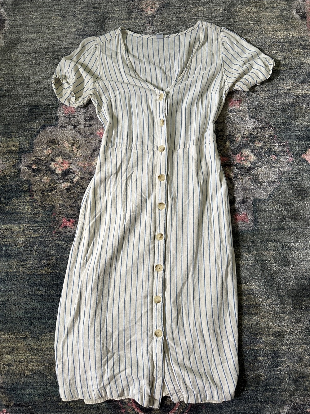 Old Navy Blue-Striped Cream Button-Front Short Sleeve Midi Dress Medium Like New